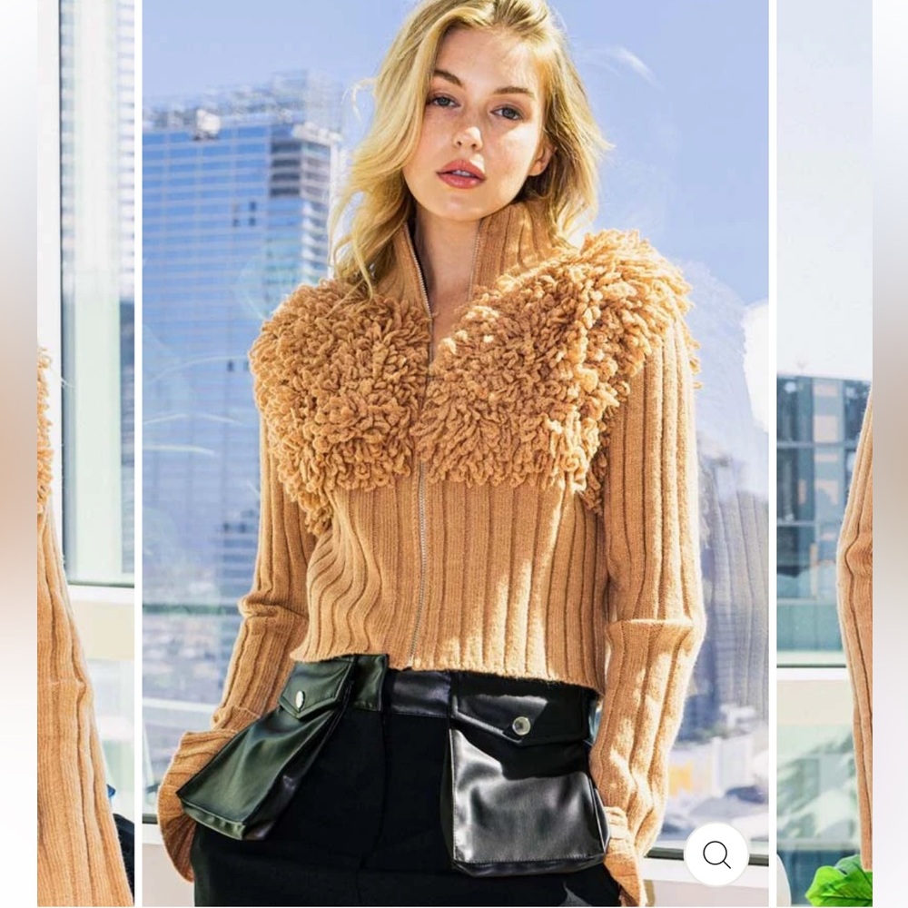 Tan Ribbed Jacket with Faux Fur Detail